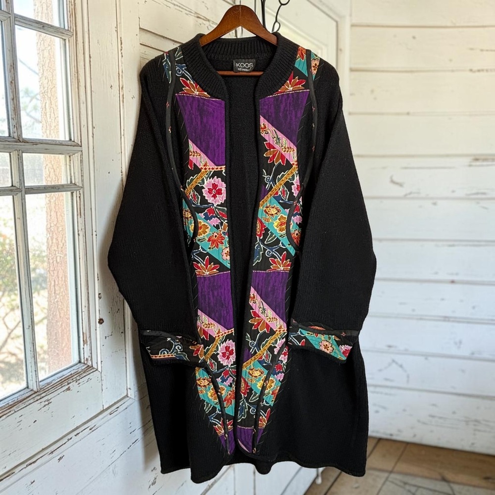 Vintage Longline Cardigan Koos of Course OS Black Floral Quilted Patchwork Artsy